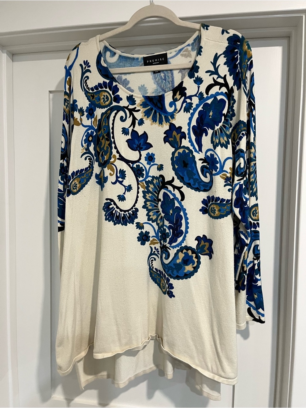 Premise Cream Long Sleeve Tee with Blue and Gold Paisley Print